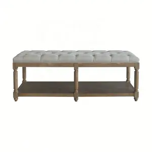 S1086-329 Antique Rustic Oak Wooden Frame Couch Furniture Sofa Retro Upholstered Bed End Stool Seat Bench with Shoe Storage