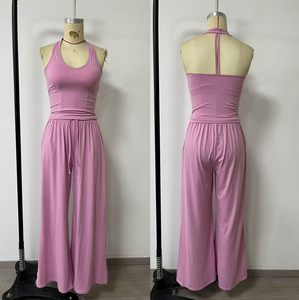 Ensemble de yoga doux et moelleux pour <span class=keywords><strong>femme</strong></span>, soutien-gorge de <span class=keywords><strong>sport</strong></span> dos nu à col halter et pantalon large, tenue athleisure 2 pièces à séchage rapide - Product Image 5
