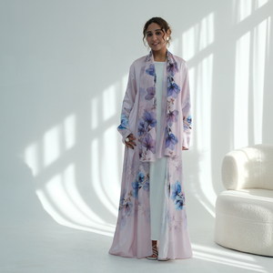 Dernière Abaya 2026 Nouveaux Vêtements Islamiques Abaya pour Femmes <span class=keywords><strong>Robe</strong></span> Musulmane Imprimé Floral Ouverte sur le Devant et Ensemble Hijab en Mousseline Imprimée - Product Image 4