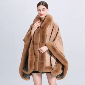 2023 New Winter Knitted Women Faux Fur Collar Cape Stoles Party Coat Jacquard Oversized Poncho Cape Shawl Wrap