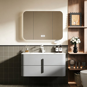 <span class=keywords><strong>Meuble</strong></span> de salle de bain en PVC durable, directement de l'usine, avec miroir LED et deux tiroirs, idéal pour les appartements - Product Image 2