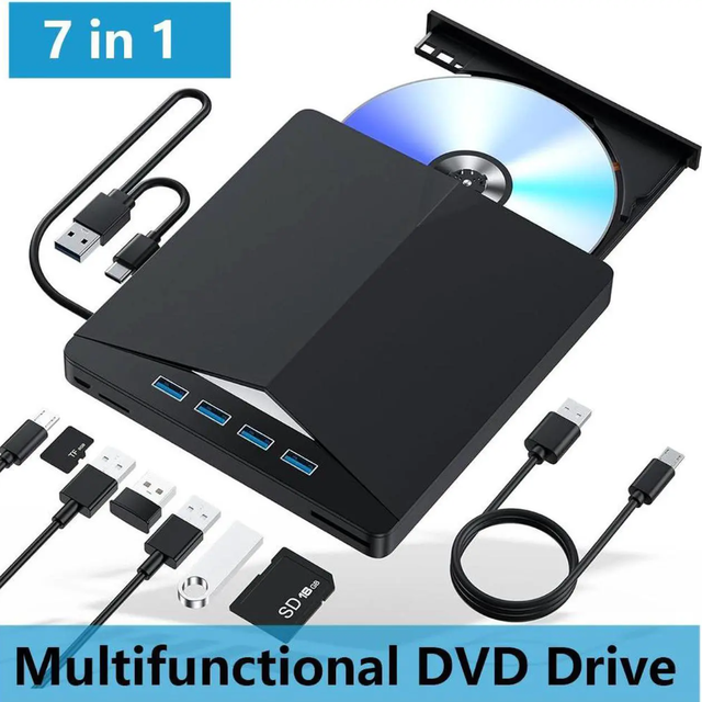 Fervit External CD/DVD Drive 7-in-1 USB 3.0 Type-C Burner for Laptop/Desktop