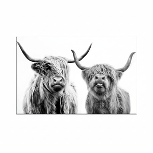 Highland Cow Art Deco Panel Print Black & White Scottish Farmhouse <b>Wall</b> Hanging Wrapped <b>Canvas</b> - Product Image 2