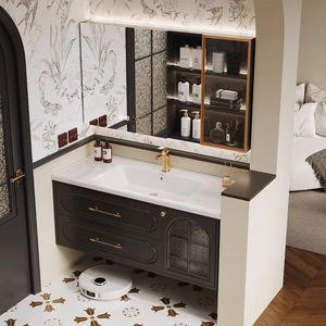 <span class=keywords><strong>Mobile</strong></span> da Bagno in Legno Massello Personalizzato Stile Europeo, Durevole <span class=keywords><strong>e</strong></span> di Alta Qualità, con Venature del Legno Color Caffè, con Lavabi <span class=keywords><strong>e</strong></span> Armadietti a <span class=keywords><strong>Specchio</strong></span> - Product Image 2