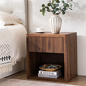 Nightstand With Drawer Storage Fluted Bed <b>Side</b> <b>Table</b> Modern Wide Bedside Stand <b>Mid</b> <b>Century</b> Design - Product Image 1