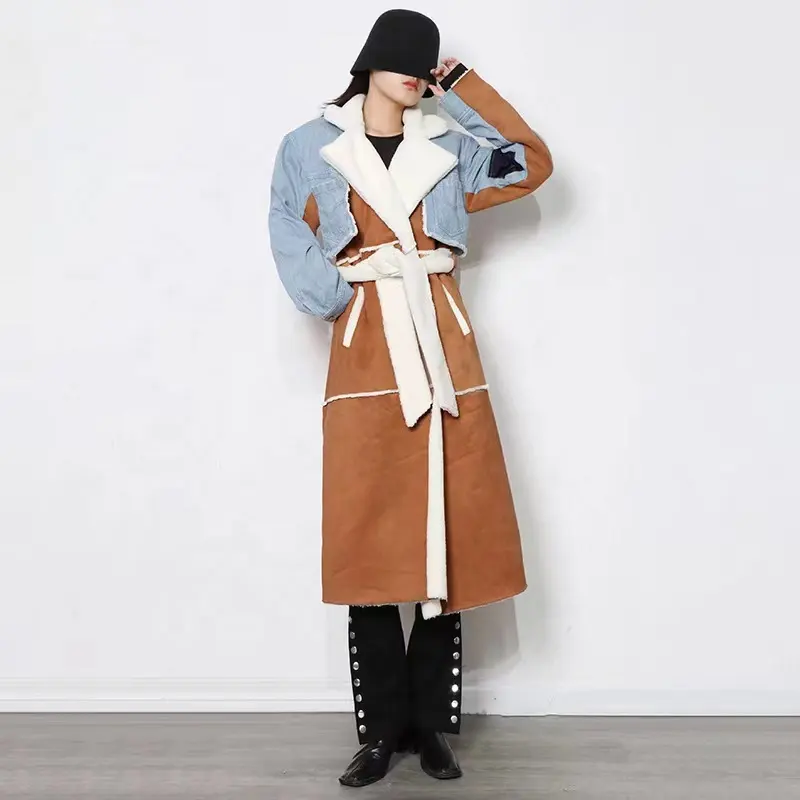 2021 New Women Warm Lapel Collar Contrast Color Lamb Wool Long Coat Denim Patchwork For Winter Thick Long Coat