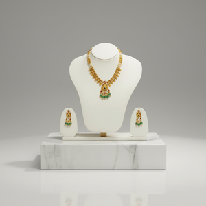 Elegant Gold Tone Kundan Necklace Set with Pearl Strands Green Bead <b>Drops</b> <b>Red</b> Accent Pendant Indian Wedding Bridal Jewelry - Product Image 4