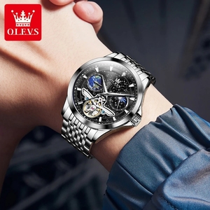 Reloj de lujo OLEVS para hombre, luminoso, resistente al agua, totalmente automático, mecánico, con esfera de cielo estrellado, fase lunar y diseño hueco. - Product Image 2