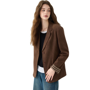 Women's Blazer Coffee Color Solid Woolen Fabric Loose Fit Spring Autumn Outerwear - Product Image 5