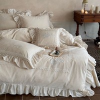Parure de lit en coton et lin naturel, bords en feuille de lotus, broderie 3D, draps doux, housse de couette, literie de luxe, vente en gros
