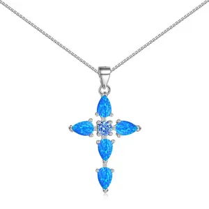 Dylam Creative Design Women S925 Silver Hypoallergenic Waterdrop Shape Synthetic Opal Stone 5A Zirconia Cross Pendant Necklace