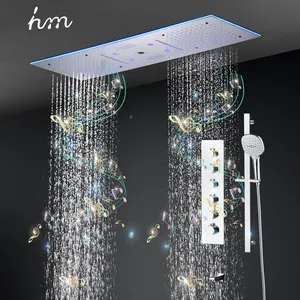 Hm Newest 36*12inch Led Shower Head With Music Rain Waterfall Mist Column Bathroom Thermostatic Shower Faucet Set
