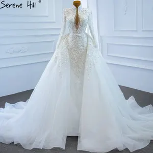 White Full Sleeve Mermaid Wedding Dresses 2021 Serene Hill HM67218 Muslim Women Over Skirt Luxurious Bridal Gown With Pearls