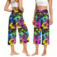 Pantalones cortos con estampado de palmeras tropicales de neón para mujer, pantalones capri de yoga de cintura alta con cordón, patrón geométrico, ropa de verano