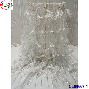 Tela de malla bordada de moda Lisami con plumas de avestruz ecológicas, lentejuelas peruanas y cuentas, 5 yardas - Product Image 6