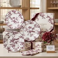 Service de vaisselle en céramique Chinoiserie bordeaux vintage, en porcelaine décorée, vente en gros pour mariages, restaurants, fêtes et vente au détail