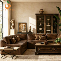 Europäischer Stil Luxus-Ledersofa-Set Wohnzimmer-Couch Möbel mit Rollarmlehnen Niedrige Plüschkissen Villa Innenbereich Langlebig