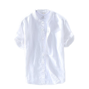 Chemise décontractée pour homme en lin/coton blanc, respirante et confortable, col montant, manches courtes, pour la saison d'automne - Product Image 2
