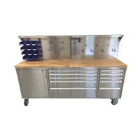 Coffre à outils roulant robuste en acier inoxydable pour atelier, 10 tiroirs, plan de travail en bois de caoutchouc, roues industrielles, panneau perforé et crochets