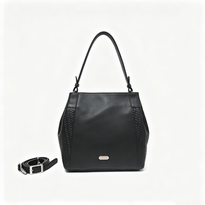 <b>Black</b> Soft Leather Shoulder <b>Bag</b> Woven Side Panel Removable Strap Large Capacity Handbag - Product Image 1