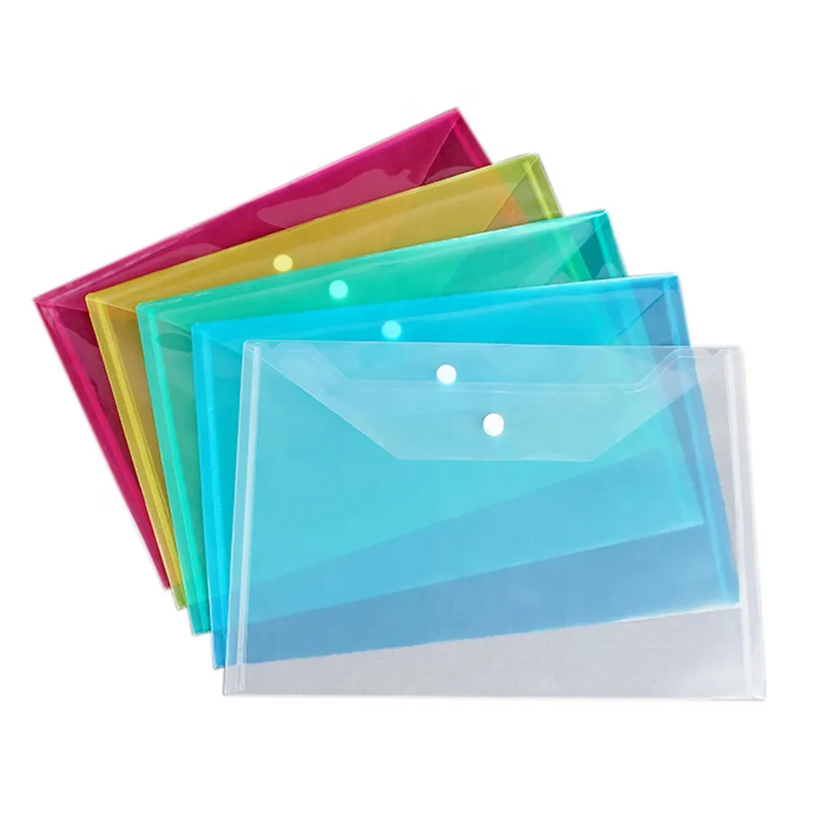 Özel logo dosyalama ürünleri A4 A5 plastik cüzdan şeffaf belge çantası Snap düğmesi ile plastik dosya klasörü pvc dosya çantası