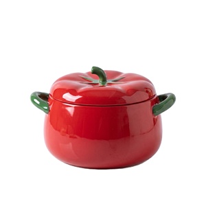 Nouveau bol à soupe en porcelaine rouge en forme de tomate de 900-1600 ml avec double anse, idéal pour les dortoirs étudiants, bol à nouilles instantanées en céramique avec couvercle - Product Image 2