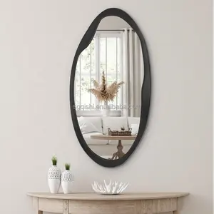 Wholesale large asymmetric black wood framed oval wall mirror irregular bathroom mounted vintage wall decor mirror miroir espejo