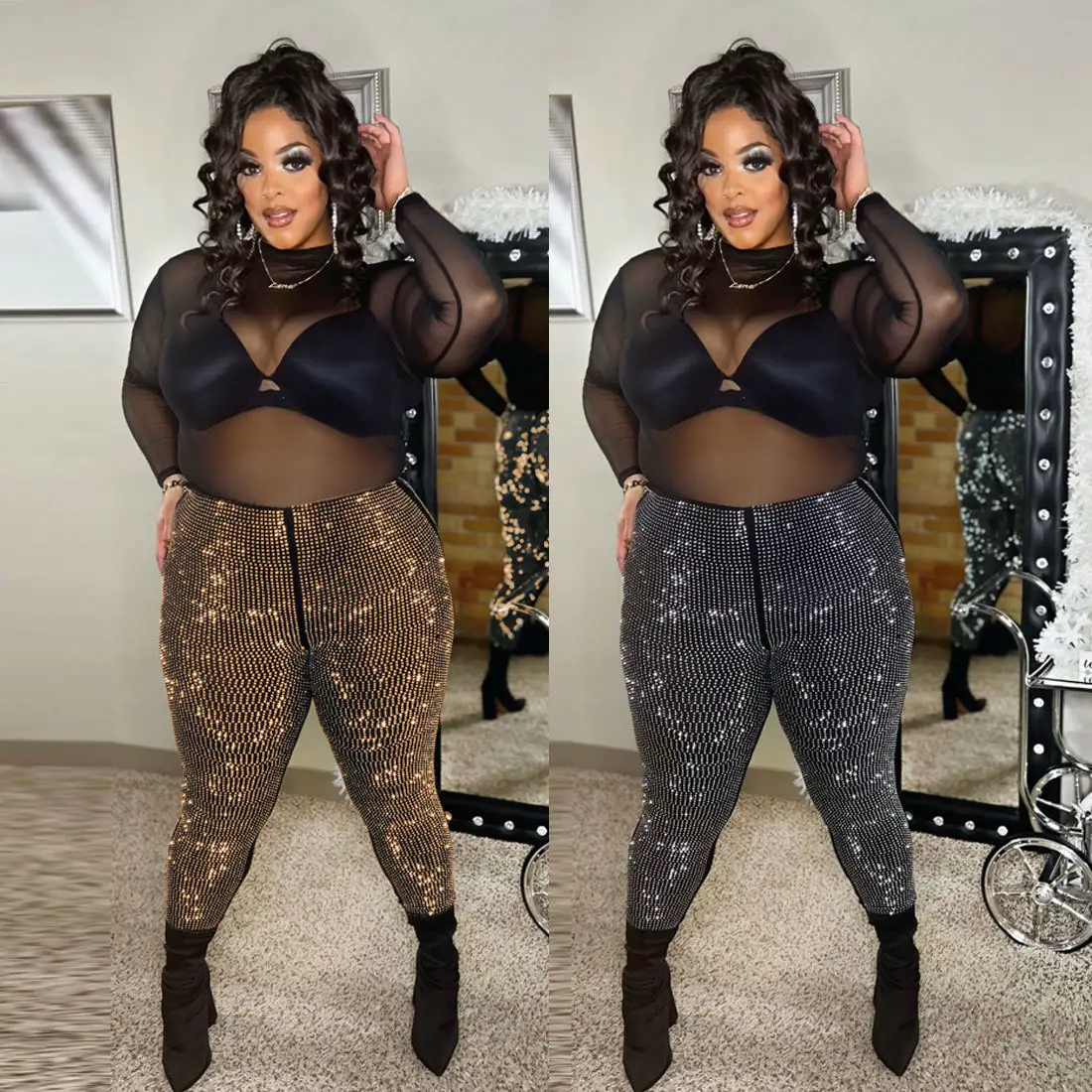 Hotselling Ladies Fashion Night Club Beading Sequin Shinry Sexy Oversized Bodycon Trousers Casual Plus Size Women's Pants