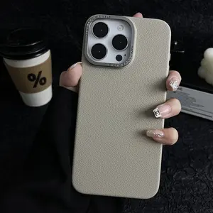 PU Leather Texture Business Camera Protection Phone Case For iPhone 15 Pro Max 14 13 12 Shockproof Lychee Pattern Back Cover