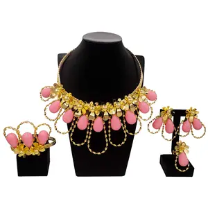 Yulaili brand newest 18k Gold Plated Pink Beads Necklace Earrings Ring Jewelry Sets Fashion Bridal Accessory Set Brazilian Woman