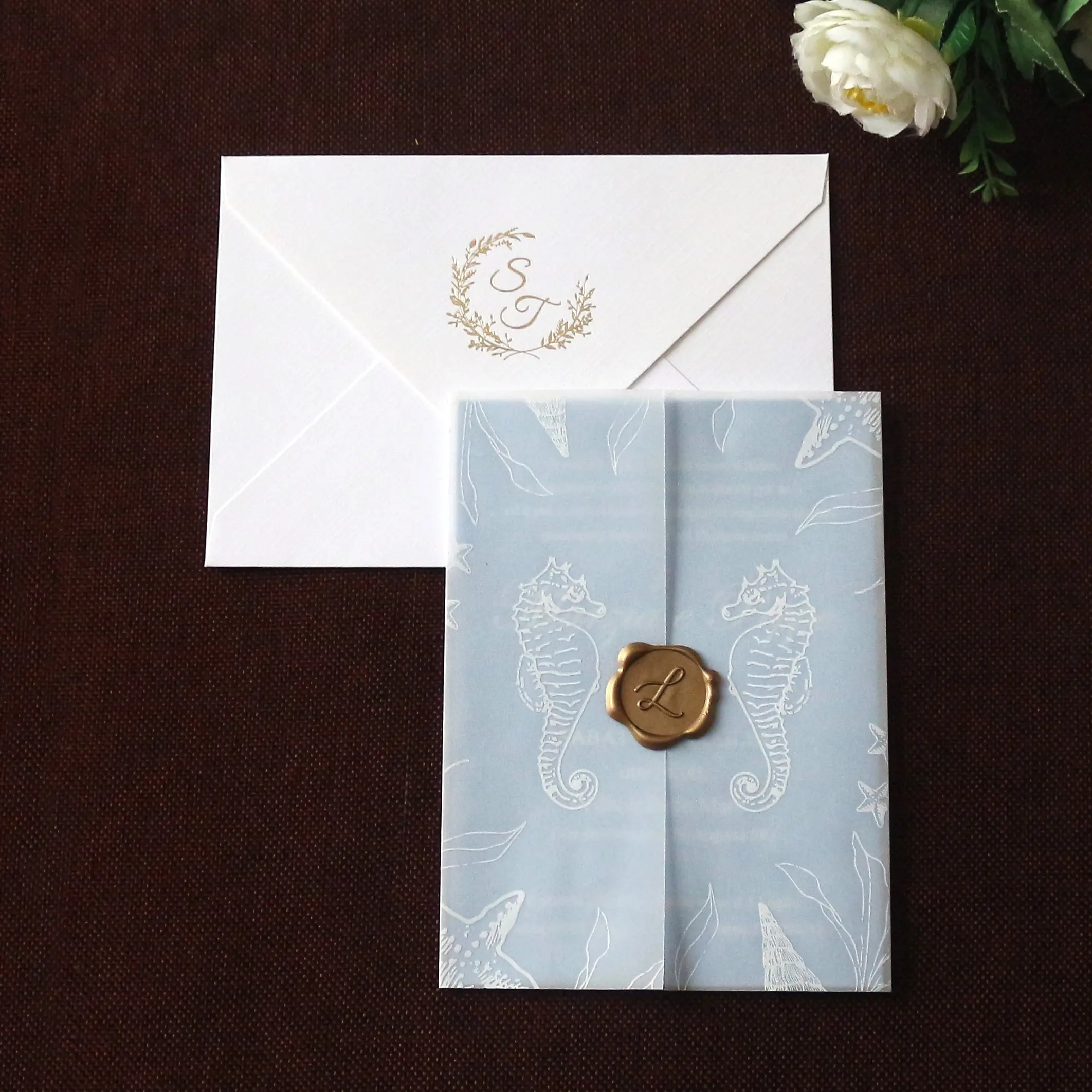 Sea Horse Printing Light Blue Cotton Paper Wedding Invitation Card With Vellum Cover And Gold Foil Logo Envelope