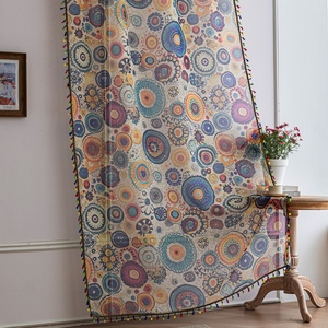 Fenêtre bohème à pompons transparents-Cercles peints à la main 100% polyester, bloquant les UV et filtrant la lumière pour salon/café/chambre à coucher - Product Image 3