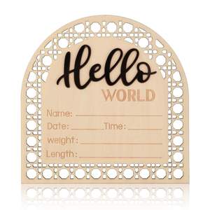 Signe d'annonce de naissance en bois gravé en 3D Ornements Carte de signature du nouveau-né Plaque commémorative Hello World pour dossier de <span class=keywords><strong>famille</strong></span> - Product Image 1