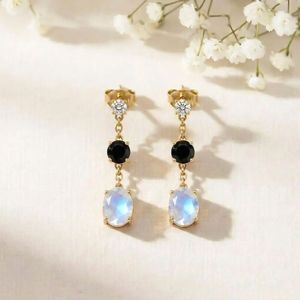 Natural Rainbow Moonstone <b>Black</b> Obsidian Drop <b>Stud</b> <b>Earrings</b> with CZ Accent in 925 Sterling Silver Elegant Gemstone Dangle - Product Image 1