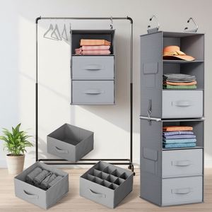 <b>6</b>-Shelf Non-woven Fabric Hanging Closet Organizer 2 Separable 3-Tier Units 3 <b>Drawers</b> Side Pockets for - Product Image 1
