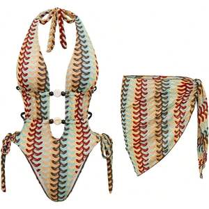 Maillot de bain une pièce personnalisé pour femme, col en V profond, dos nu, crocheté, rayé, avec cordon de serrage et design ajouré - Product Image 4