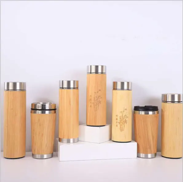 Natürlicher Bambus Kaffee Tee becher Tasse Umwelt freundlicher Becher 380/480/500ml Edelstahl Liner Thermos flasche Wieder verwendbare Holz becher