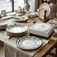 Ensemble d'assiettes en céramique vertes méditerranéennes, vente en gros, vaisselle en porcelaine vintage à motifs géométriques pour mariage, restaurant, vente au détail