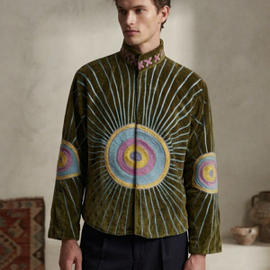 Chaqueta Suzani de Terciopelo Verde Oliva al por Mayor para Hombre, Chaqueta Bordada de Diseñador Premium, Ropa Exterior Étnica Tradicional Multicolor - Product Image 1