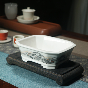 Maceta rectangular de cerámica para bonsái, pintada a mano en azul y blanco, diseño de paisaje de estilo chino para uso en escritorio. - Product Image 4