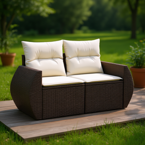 Brown Rattan Garden <b>Sofa</b> <b>Set</b> With Cream Cushions Outdoor Furniture Waterproof Contemporary Design - Product Image 2