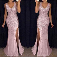 Sexy Transparent Club Fente Longue Robe Femmes Fête Formelle De Luxe Or Maxi Sequin Perle Robes De Soirée Vestidos De Fiesta Largos