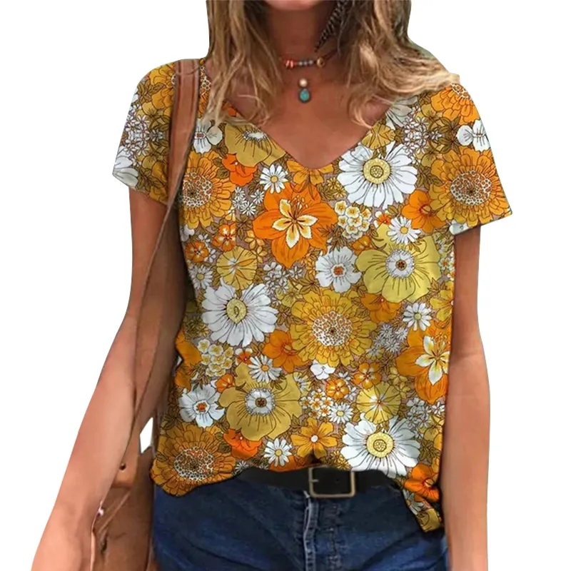 Women Tops Blouses And Shirts Summer Vintage Luxury Floral Style Fashion V Neck Elegant Casual Oversized Women Tee Tops