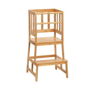 Bamboo Kids Kitchen Step Stool Helper with Removable Anti-Drop Railing Safety Rail Standing Learning Towers