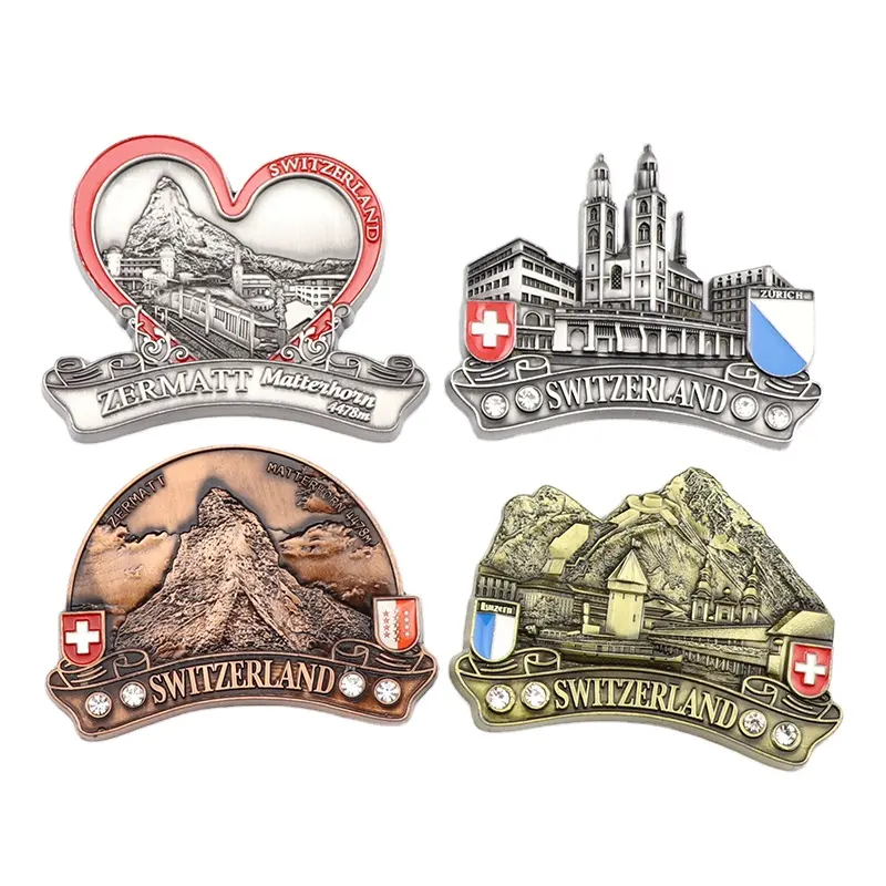 Schweiz 3d angepasste touristische Souvenir Metall benutzer definierte Logo magnetische Messing Farbe Kühlschrank Magnete