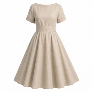Gonna a Ruota in Lino Organico Naturale Beige Personalizzata di Lusso per Donna, Stile Retrò Vintage Anni '50 con Maniche <span class=keywords><strong>Barto</strong></span> Leader - Product Image 1