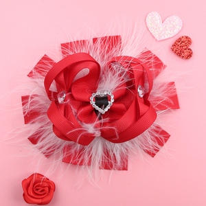 Lazos para el Cabello <span class=keywords><strong>con</strong></span> Plumas para el Día de San Valentín, Clip <span class=keywords><strong>con</strong></span> Forma de Corazón Rojo y Rosa, Lazos para el Cabello de Boutique para Niñas, Accesorios para el Cabello de Niñas - Product Image 1