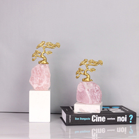 Sculpture d'arbre en quartz rose de luxe, art de bonsaï en métal doré, base en marbre, pierre de cristal rose, décoration pour la maison, le bureau, l'hôtel, usine OEM ODM