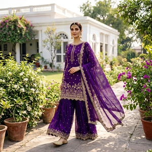 Conjunto de Salwar Kameez Morado Bordado para Mujer, Kurti Étnico, Palazzo, Dupatta, Traje para Boda o Fiesta - Product Image 1