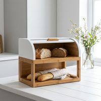 Boîte à pain en bambou blanche à couvercle roulant, 2 niveaux, étagère ouverte, poignée en bambou, style scandinave, 15,7 pouces, Kitchen Pro, neuve